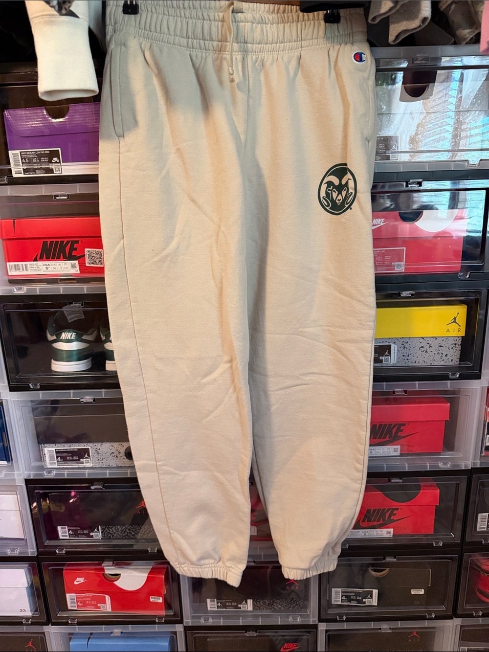 Champion Cream Sweatpants with Green Logo